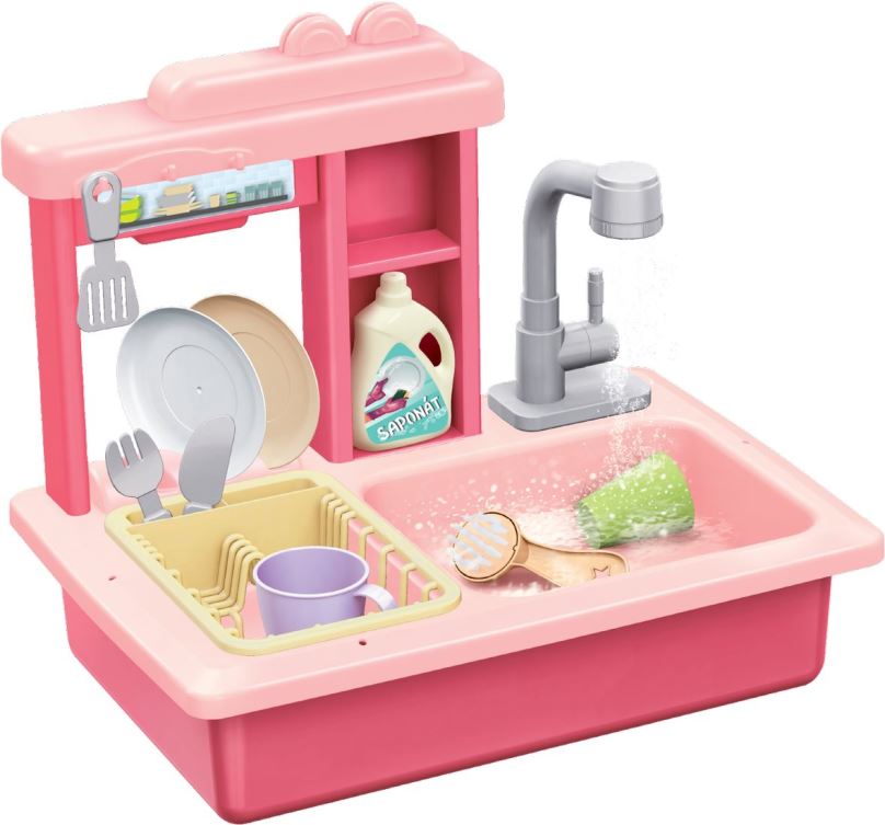 Dětská kuchyňka Teddies Dřez na mytí nádobí růžový + kohoutek na vodu s doplňky