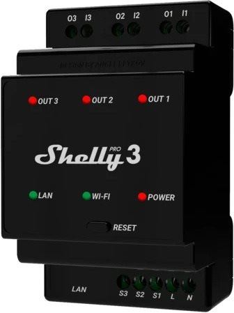 WiFi spínač Shelly Pro 3, spínací modul 3x 16A na DIN lištu, WiFi, LAN