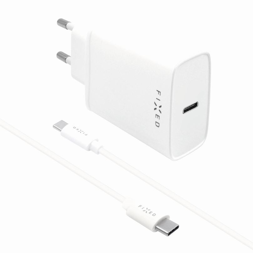 Nabíječka do sítě FIXED Travel s USB-C výstupem a USB-C/USB-C kabelem 1m podpora PD 20W bílý