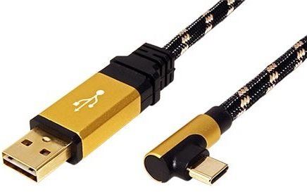 Datový kabel Roline GOLD USB 2.0 kabel, oboustranný USB A(M) - USB C(M) lomený (90°), 0,8m