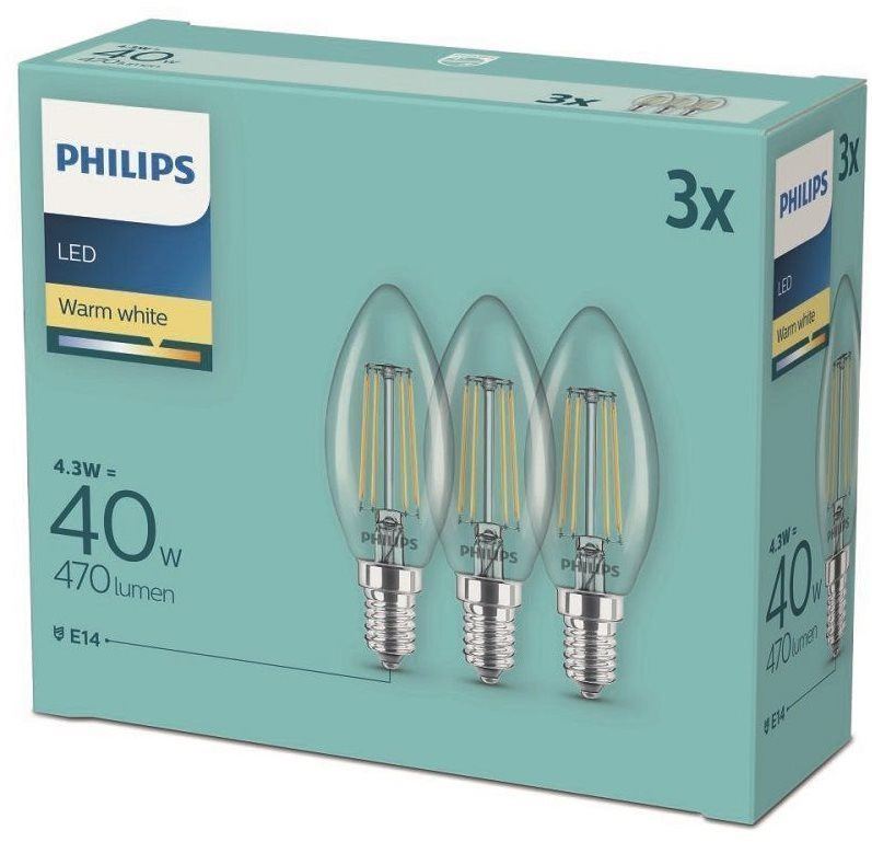 LED žárovka Philips LED classic 4.3-40W, E14 2700K, 3ks