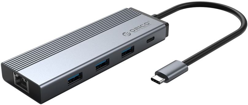 Replikátor portů ORICO 5-in-1 USB-C Hub, 3x USB 3.0, 1x RJ45, 1x USB-C, PD 100W, hliník