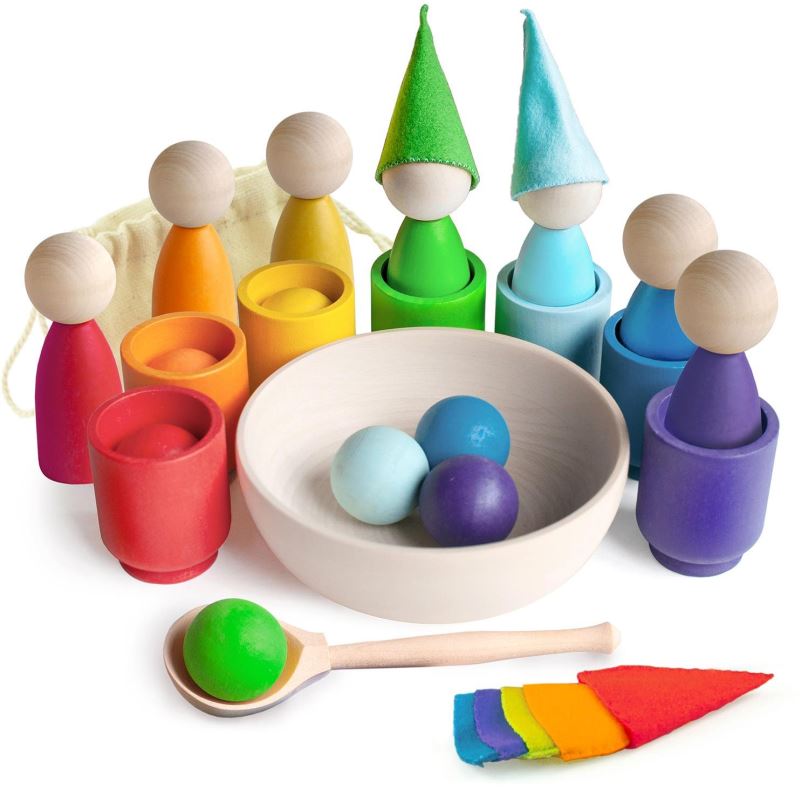 Vzdělávací sada Ulanik Montessori dřevěná hračka „Rainbow: Peg Dolls in Cups with Hats and Balls?
