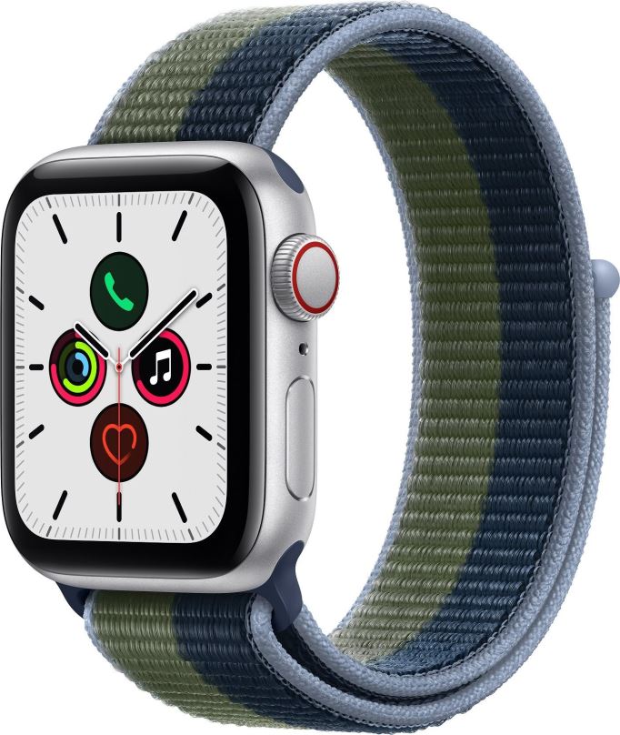 Chytré hodinky Apple Watch SE 40mm Cellular Stříbrný hliník s modrým/mechově zeleným sportovním řemínkem