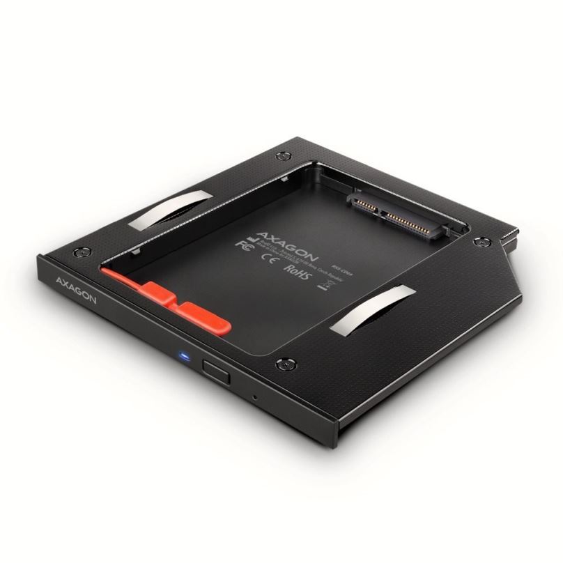 Rámeček na disk AXAGON RSS-CD09, ALU caddy for 2.5" SSD/HDD into 9.5 mm laptop DVD slot, screwless. LED