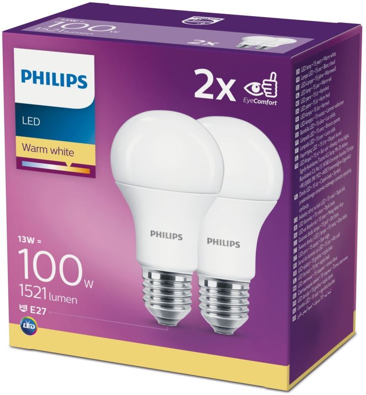 Philips 8718699669430 2x LED žárovka 1x13W | E27 | 1521lm | 2700K - double pack, EYECOMFORT