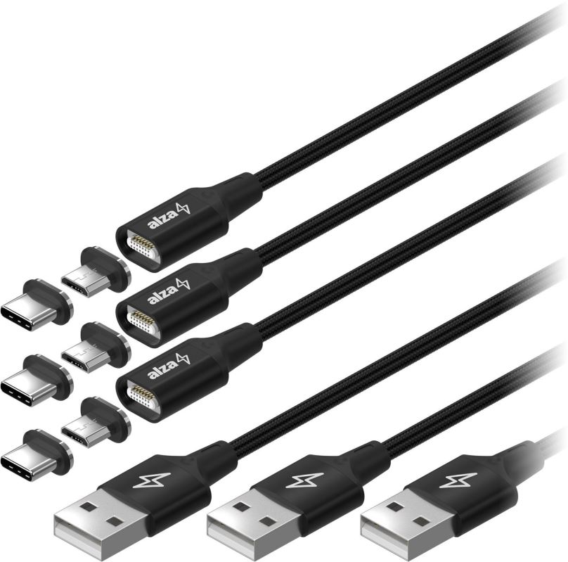 Datový kabel AlzaPower MagCore 2in1 USB-C + Micro USB, 3A, Multipack 3ks, 1m černý