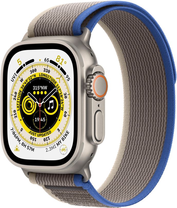 Chytré hodinky Apple Watch Ultra 49mm titanové pouzdro s modro-šedým trailovým tahem - S/M
