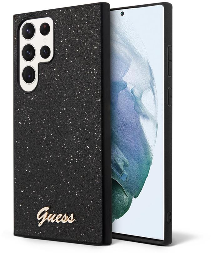 Kryt na mobil Guess PC/TPU Glitter Flakes Metal Logo Zadní Kryt pro Samsung Galaxy S23 Ultra Black