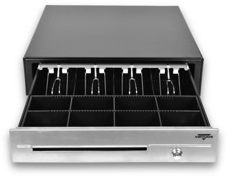 Pokladní zásuvka Virtuos pokladní zásuvka C430D s kabelem, kovové držáky, nerez panel, 9-24V, černá