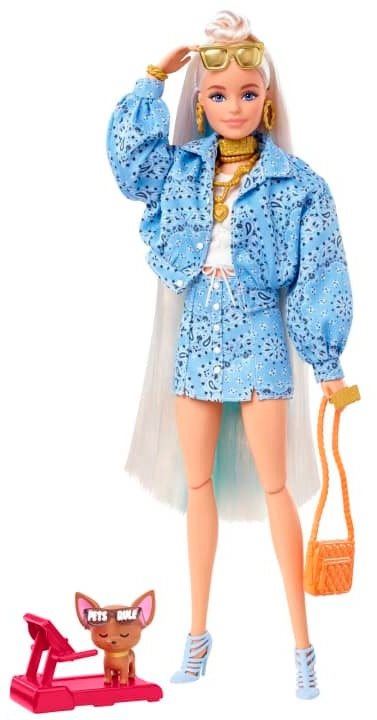 Panenka Barbie Extra - Vzorovaná Modrá Sukně s bundou