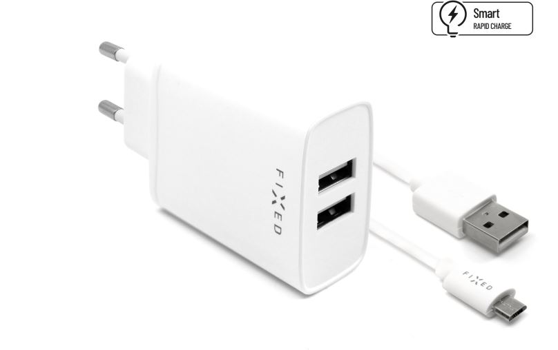 Nabíječka do sítě FIXED Smart Rapid Charge 15W s 2xUSB výstupem a USB/micro USB kabelem 1m bílá