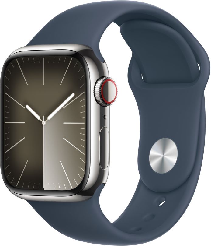 Chytré hodinky Apple Watch Series 9 41mm Cellular Stříbrný nerez s bouřkově modrým sportovním řemínkem - S/M