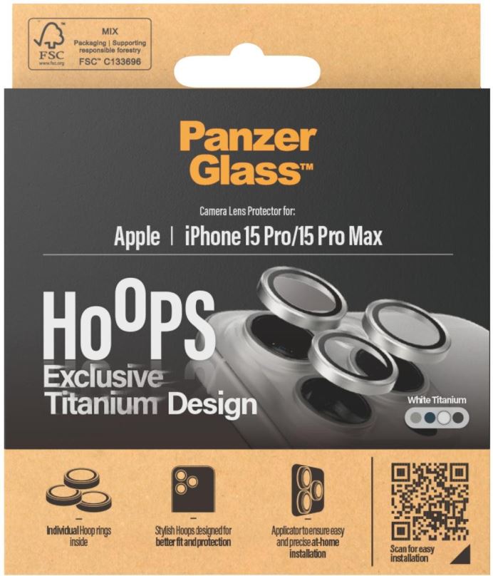 Ochranné sklo na objektiv PanzerGlass HoOps Apple iPhone 15 Pro/15 Pro Max - ochranné kroužky pro čočky fotoaparátu - bilý tit