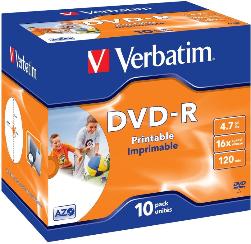 Média VERBATIM DVD-R AZO 4,7GB, 16x, printable, jewel case 10 ks