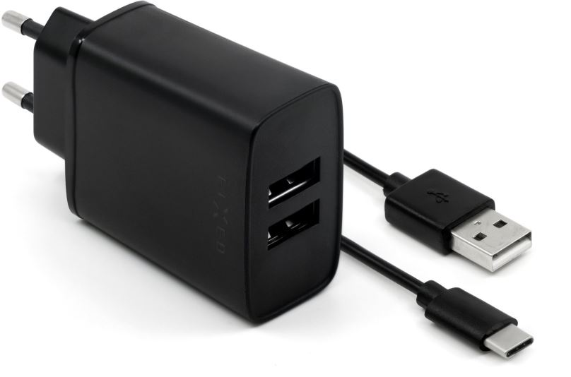 Nabíječka do sítě FIXED Smart Rapid Charge 15W s 2xUSB výstupem a USB/USB-C kabelem 1m černá