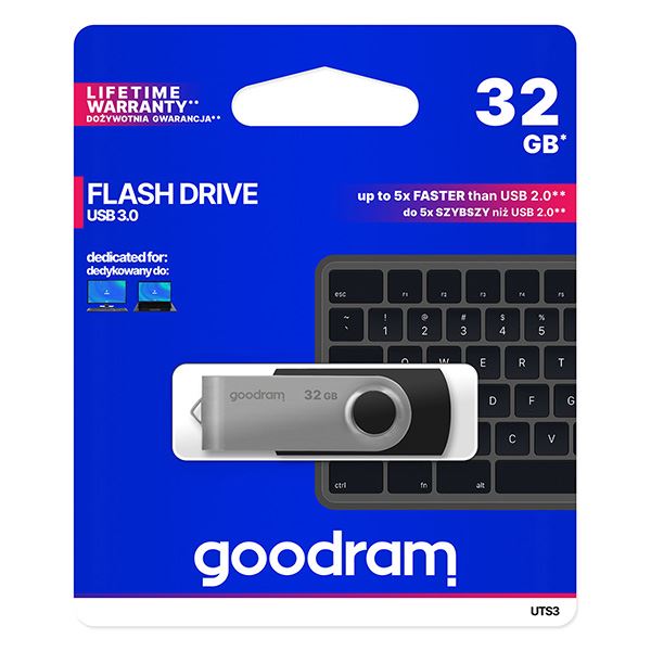 Goodram USB flash disk, USB 3.0, 32GB, UTS3, černý, UTS3-0320K0R11, USB A, s otočnou krytkou
