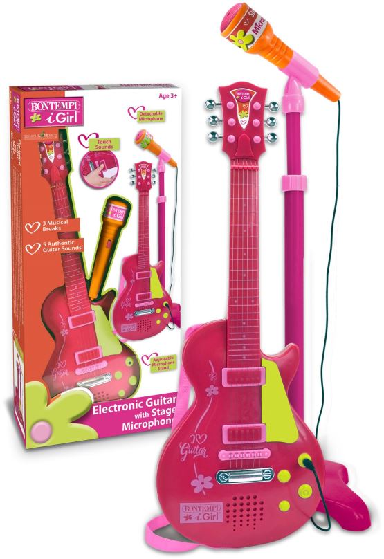Hudební hračka Rocková kytara se stojanovým mikrofonem 22,5 x 22,5 x 112 cm červeno růžová