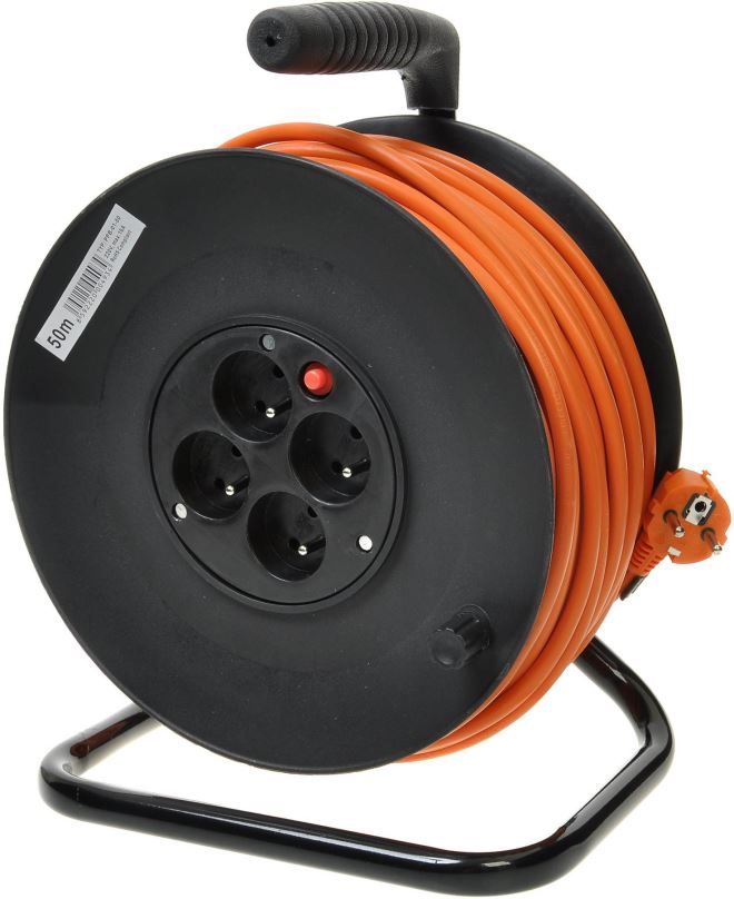 Napájecí kabel PremiumCord prodlužovací kabel 230V 50m buben, 4x zásuvka, oranžový