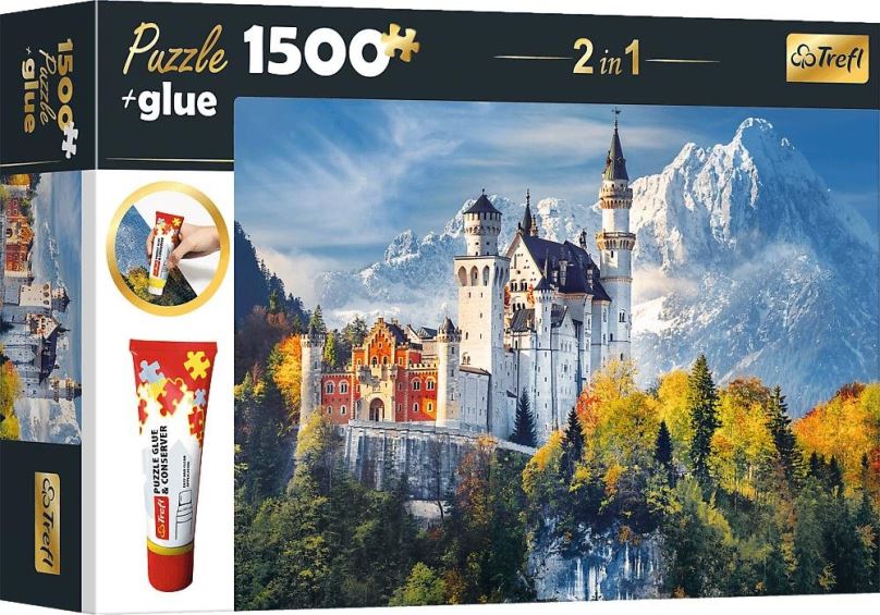 Puzzle Trefl Sada 2v1 puzzle Zámek Neuschwanstein na podzim 1 500 dílků s lepidlem