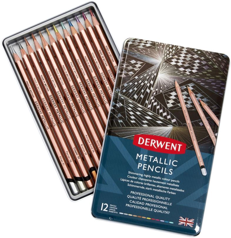 Pastelky DERWENT Proffesional Metallic Pencils v plechové krabičce, šestihranné, 12 barev
