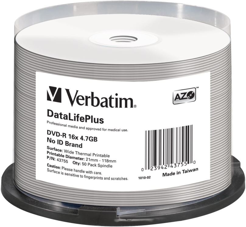Média VERBATIM DVD-R DataLifePlus 4.7GB, 16x, thermal printable, spindle 50 ks