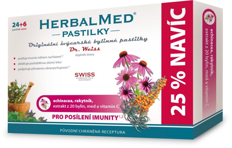 Bylinné pastilky HerbalMed past. Dr.Weiss Echin+rakytník+vit.C 24+6