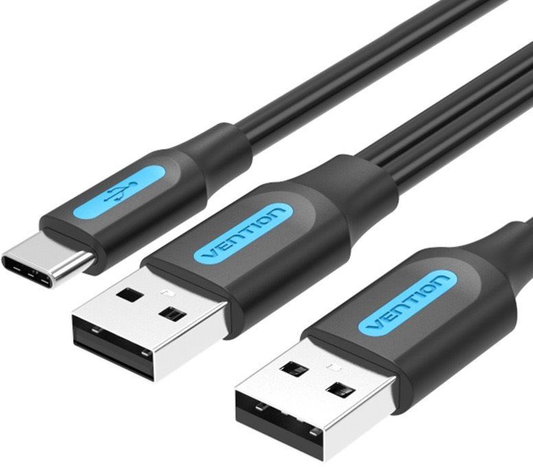 Datový kabel Vention USB 2.0 to USB-C Cable with USB Power Supply 0.5m Black PVC Type
