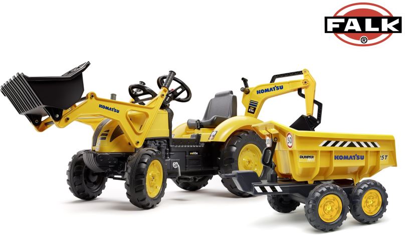Šlapací traktor Falk Šlapací traktor 2086W Komatsu s bagrem a Maxi vyklápěcím přívěsem - žlutý