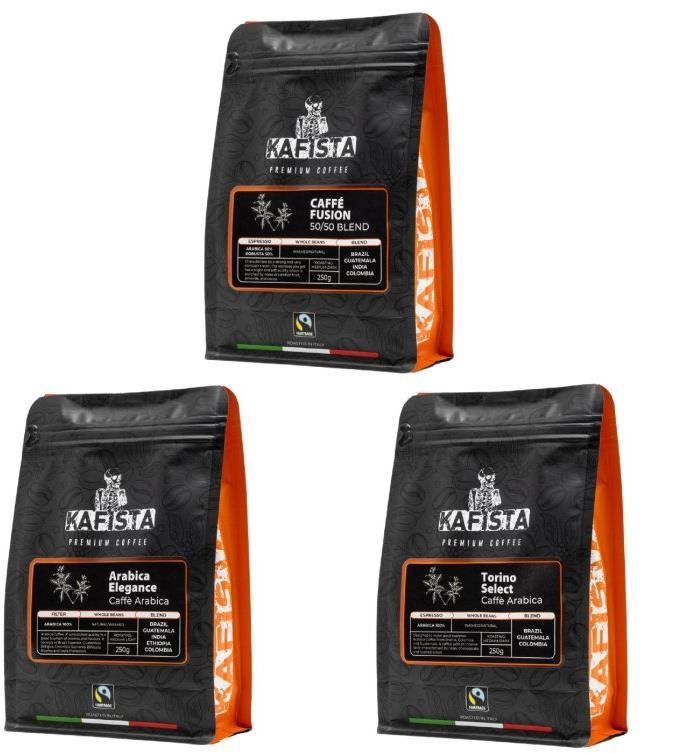 Káva Kafista balíček 3 x 250 g - Kávové směsi pražené v Itálii, zrnková káva Fiartrade
