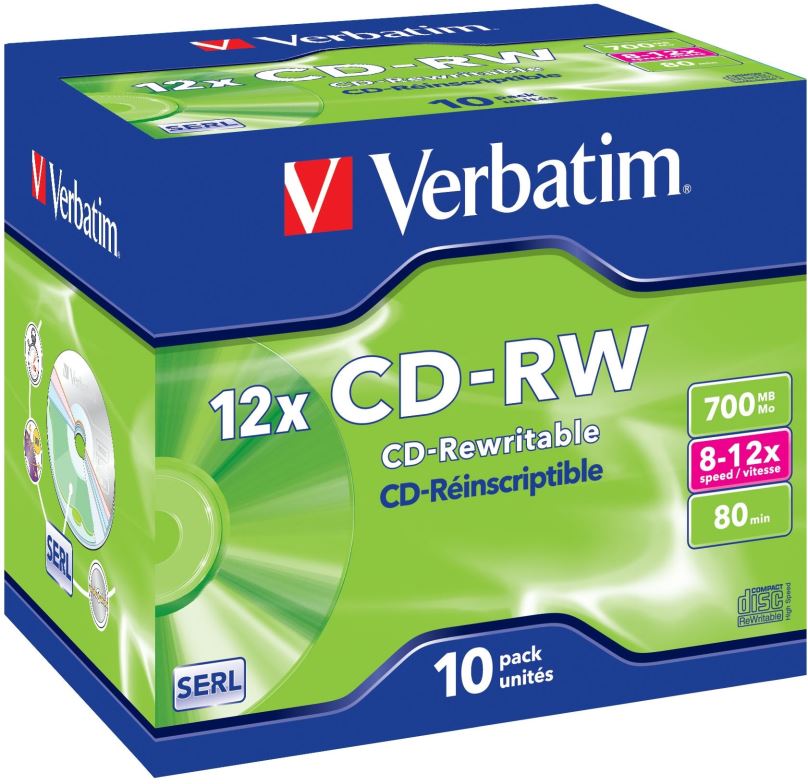 Média VERBATIM CD-RW SERL 700MB, 12x, jewel case 10 ks