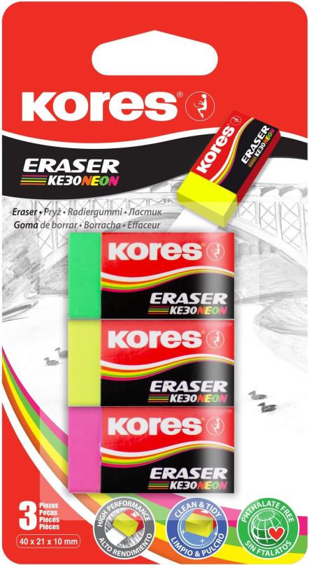 Guma KORES KE30 40 x 21 x 10 mm, barevný mix neon - balení 3 ks