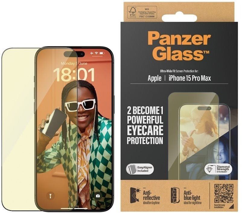 Ochranné sklo PanzerGlass Apple iPhone 15 Pro Max AntiRexní & AntiBlue s instalačním rámečkem