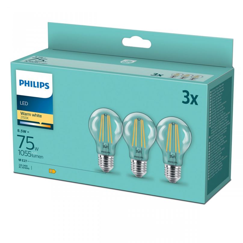 Philips 8718699696955 sada 3x LED filamentová žárovka E27 1x8,5W/75W | 1055lm | 2700K