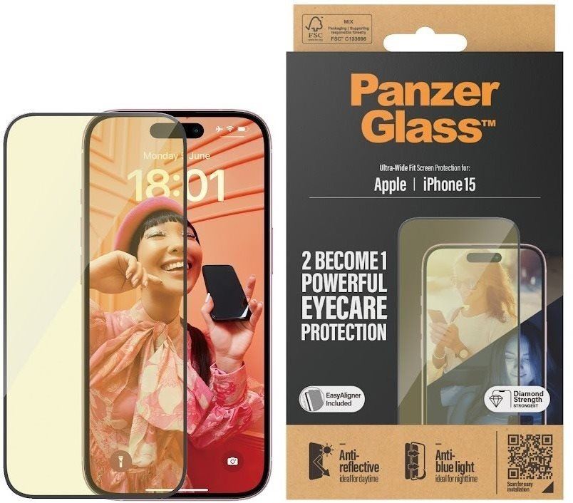 Ochranné sklo PanzerGlass Apple iPhone 15  AntiRexní & AntiBlue s instalačním rámečkem
