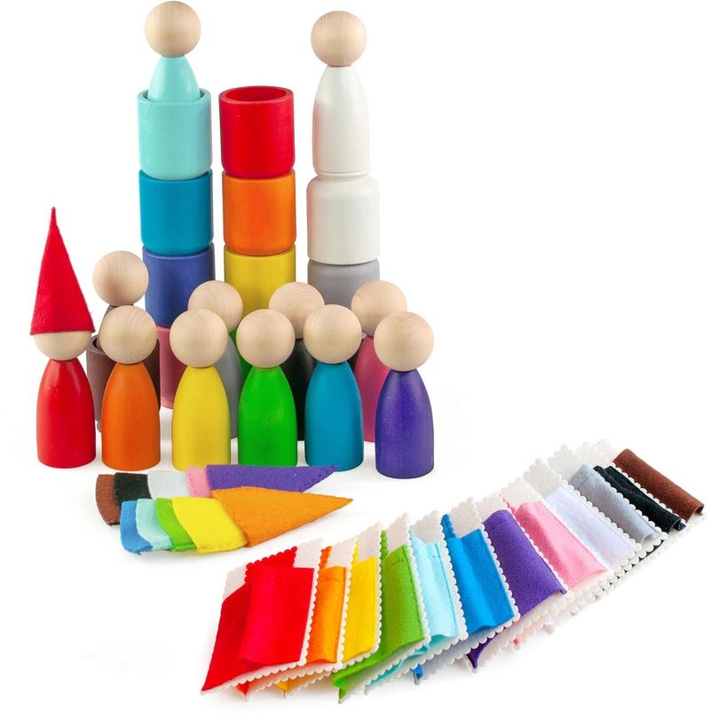Vzdělávací sada Ulanik Montessori dřevěná hračka "Peg Dolls with Hats, Beds and Cups"