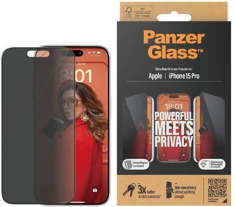 Ochranné sklo PanzerGlass Privacy Apple iPhone 15 Pro s instalačním rámečkem