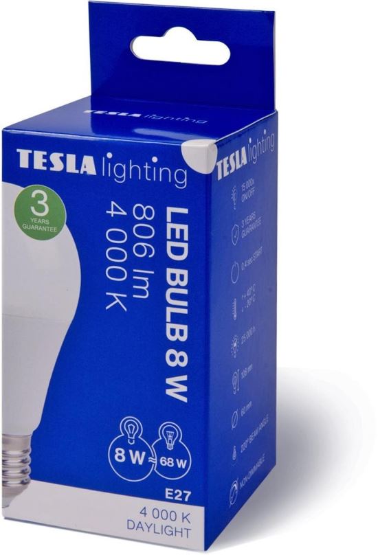 LED žárovka TESLA LED BULB E27, 8W,  806lm,  4000K denní bílá