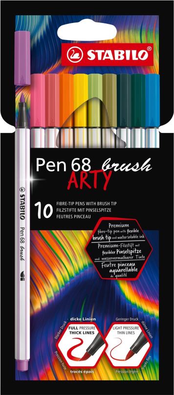 Fixy STABILO Pen 68 brush s flexibilním štětcovým hrotem, pouzdro 10 barev