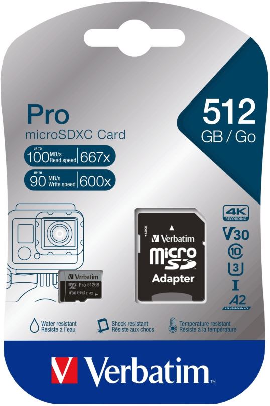 Paměťová karta Verbatim MicroSDXC 512GB Pro + SD adaptér