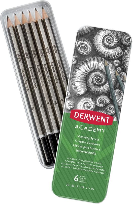 Tužka DERWENT Academy Sketching Pencils Tin v plechové krabičce, šestihranná - sada 6 tvrdostí