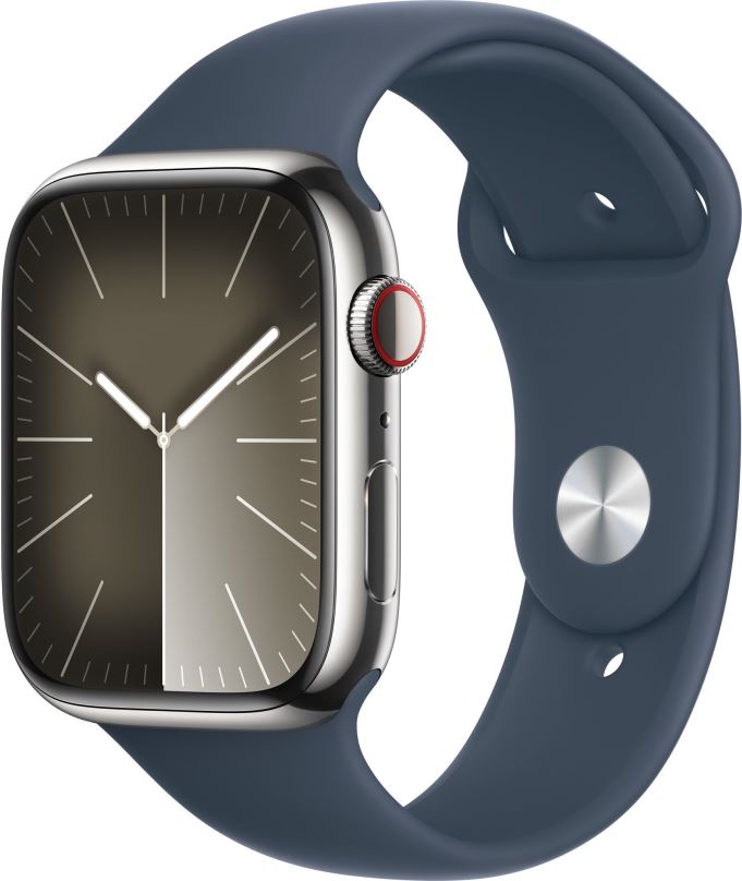 Chytré hodinky Apple Watch Series 9 45mm Cellular Stříbrný nerez s bouřkově modrým sportovním řemínkem - S/M