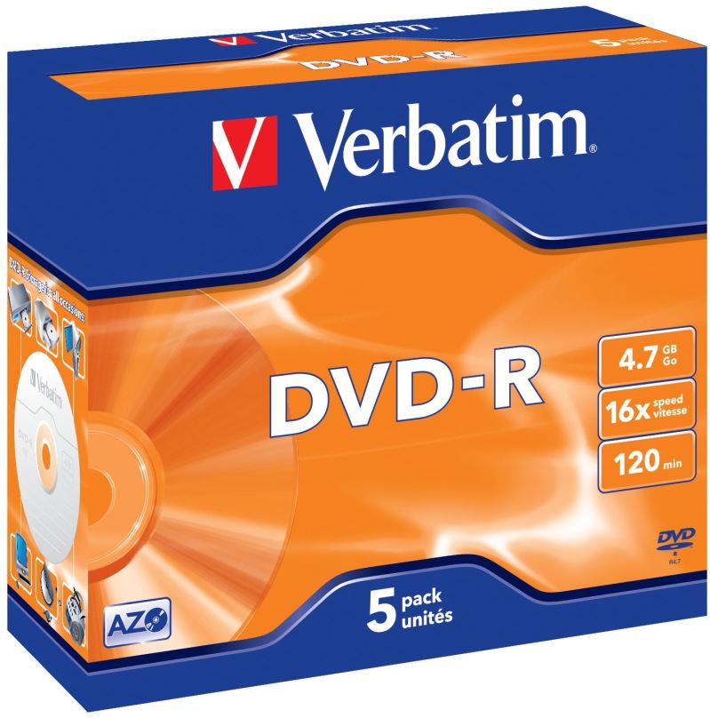 Média VERBATIM DVD-R AZO 4,7GB, 16x, jewel case 5 ks