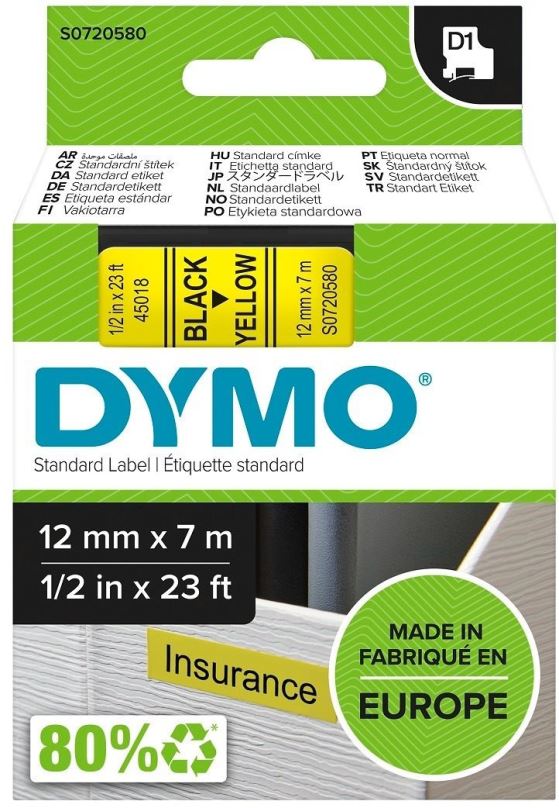TZ páska Dymo D1, 45018, S0720730, žlutá/černá,12mm