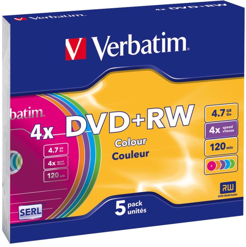 Média VERBATIM DVD+RW SERL 4,7GB, 4x, colour, slim case 5 ks