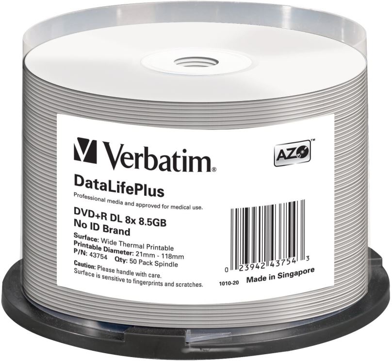 Média VERBATIM DVD+R DL DataLifePlus 8,5GB, 8x, thermal printable, spindle 50 ks