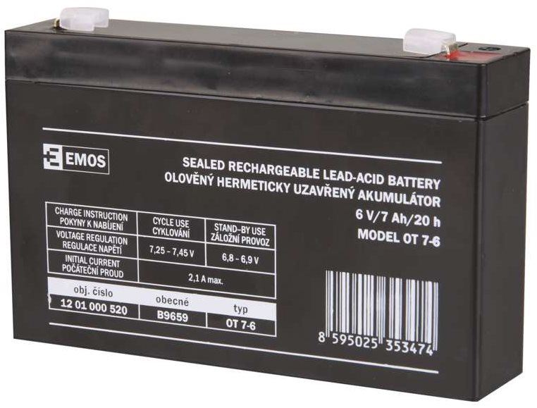 Baterie pro záložní zdroje EMOS Bezúdržbový olověný akumulátor 6 V/7 Ah, faston 4,7 mm