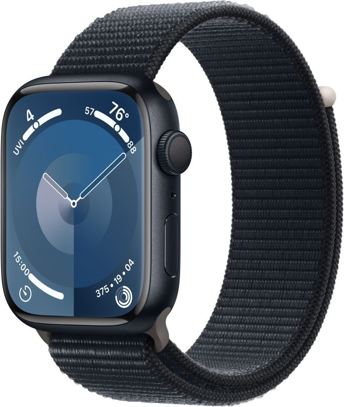 Chytré hodinky Apple Watch Series 9 45mm Temně inkoustový hliník s temně inkoustovým provlékacím sportovním řemínke