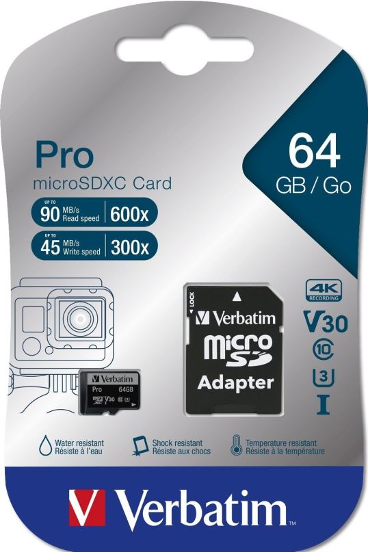 Paměťová karta Verbatim MicroSDXC 64GB Pro + SD adaptér