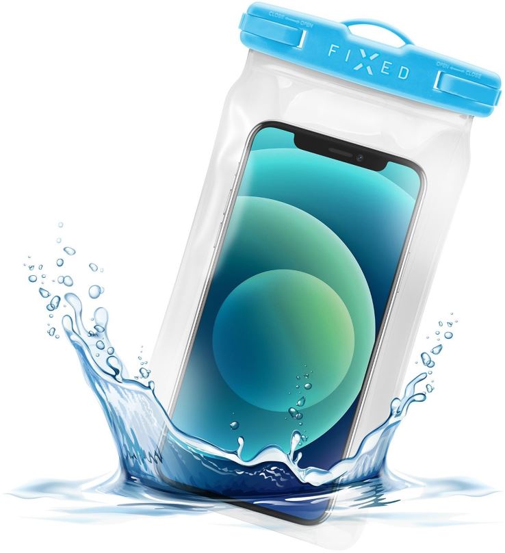 Pouzdro na mobil FIXED Float s uzamykacím systémem a certifikací IPX8 modrá
